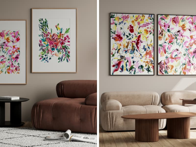 Decor your open floor plan Living Room and Kitchen with a stunning large abstract watercolor on canvas that you receive already framed and ready to hang.