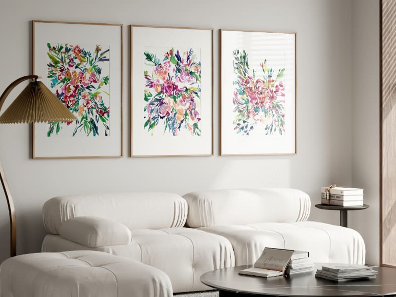 Decor your open floor plan Living Room and Kitchen with a stunning large abstract watercolor on canvas that you receive already framed and ready to hang.